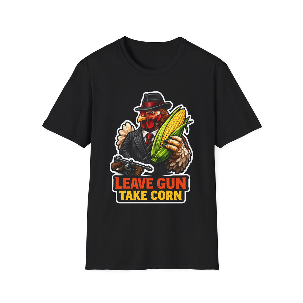 Leave Gun Take Corn Funny Mobster Chicken T-Shirt | Tommy Gun Rooster With Corn Graphic Tee for Chicken Owners | PetPulse