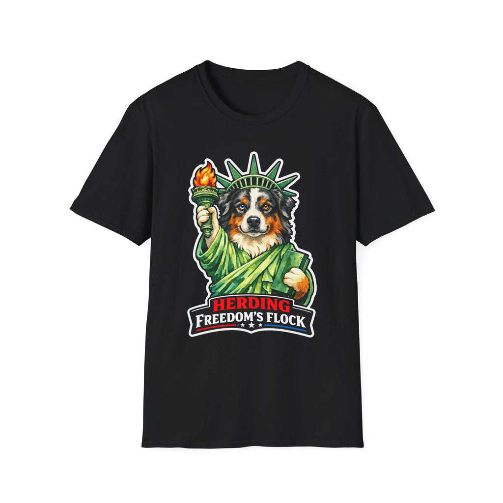 Herding Freedom's Flock Funny Australian Shepherd Statue of Liberty T-Shirt | Lady Liberty Pups Collection by PetPulse