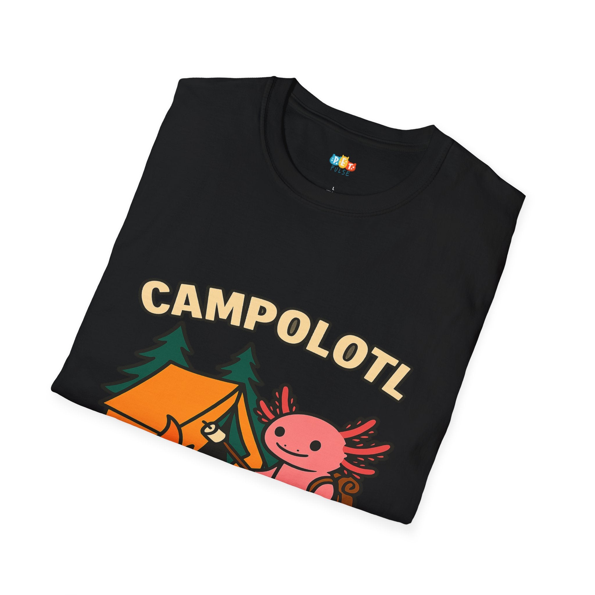 Campolotl Cute Axolotl Camping T-Shirt - Funny Animal Pun Outdoor Adventure Nature Hiker Tee