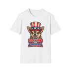 Barking for America Funny Uncle Sam Chihuahua T-Shirt | Patriotic Angry Chihuahua in Top Hat Graphic Tee | Uncle Sam Pups