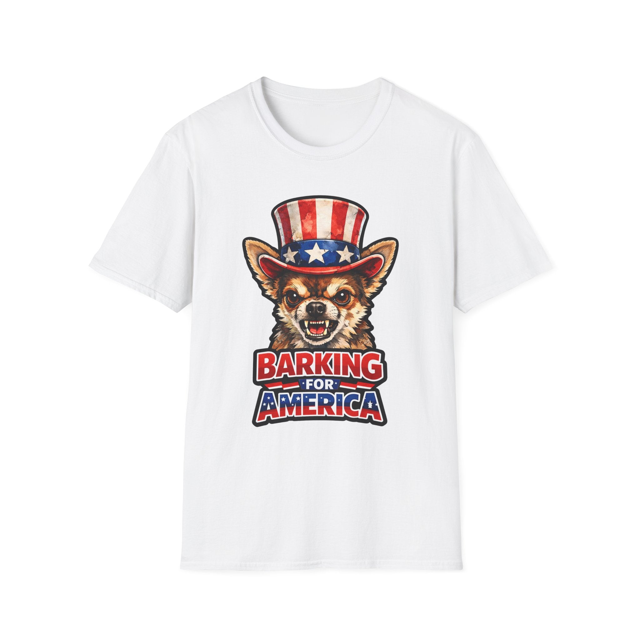 Barking for America Funny Uncle Sam Chihuahua T-Shirt | Patriotic Angry Chihuahua in Top Hat Graphic Tee | Uncle Sam Pups