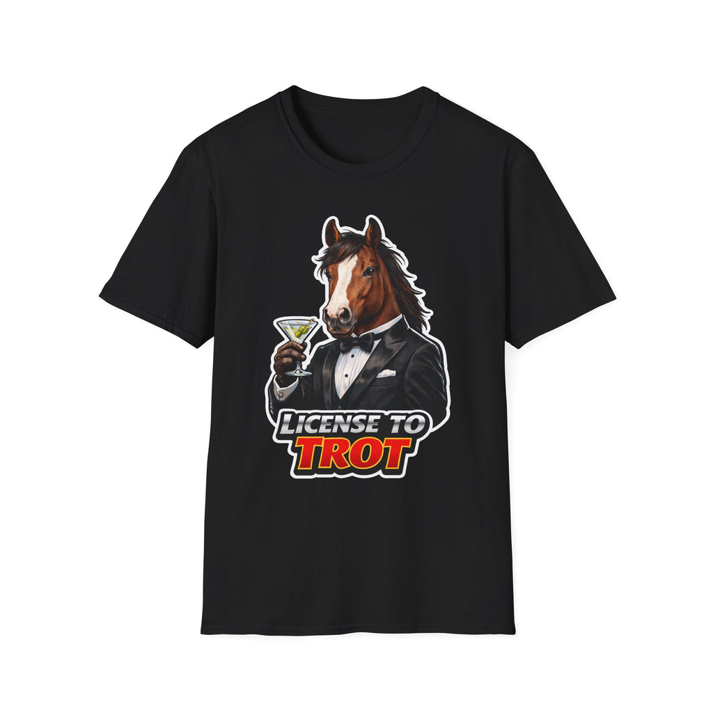License to Trot Action Hero Horse T-Shirt | Tuxedo Martini Secret Agent Horse Graphic Tee | Mane Event Collection by PetPulse