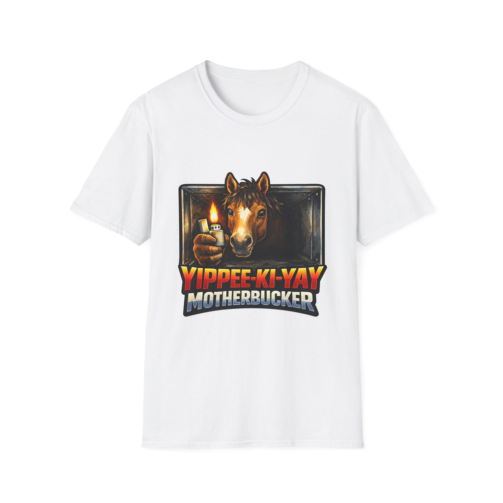 Yippee-Ki-Yay Motherbucker Action Hero Horse T-Shirt | Die Hard Parody Horse Graphic Tee | Mane Event Collection by PetPulse