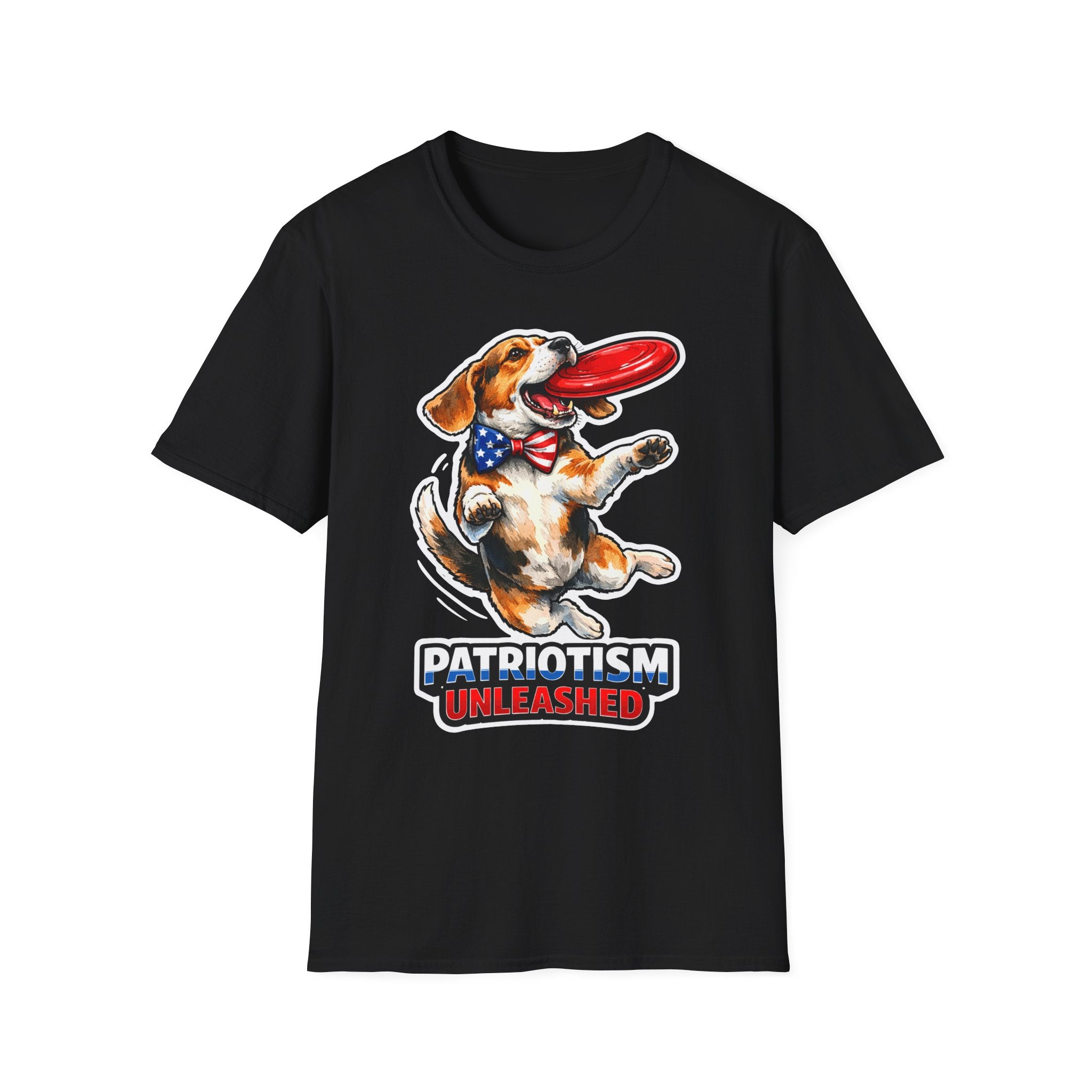 Patriotism Unleashed Funny Beagle Frisbee T-Shirt | Patriotic Beagle Catching Red Disc Graphic Tee | Uncle Sam Pups
