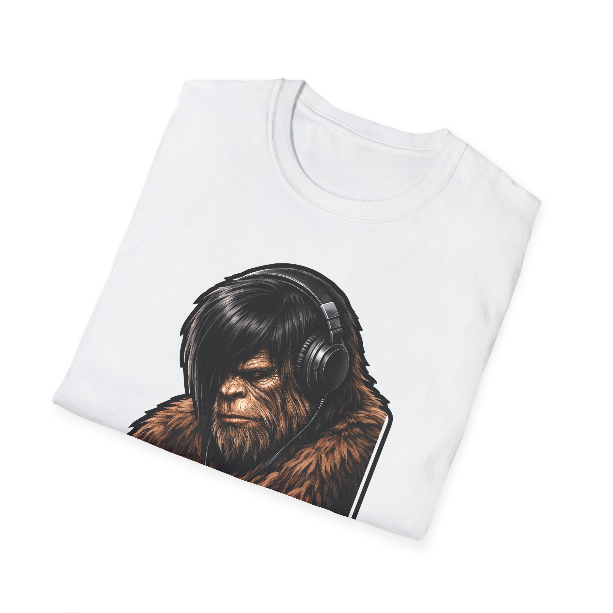 Melancholy Monster Emo Bigfoot T-Shirt - Headphones Sasquatch Music Lover Tee for Cryptid Fans