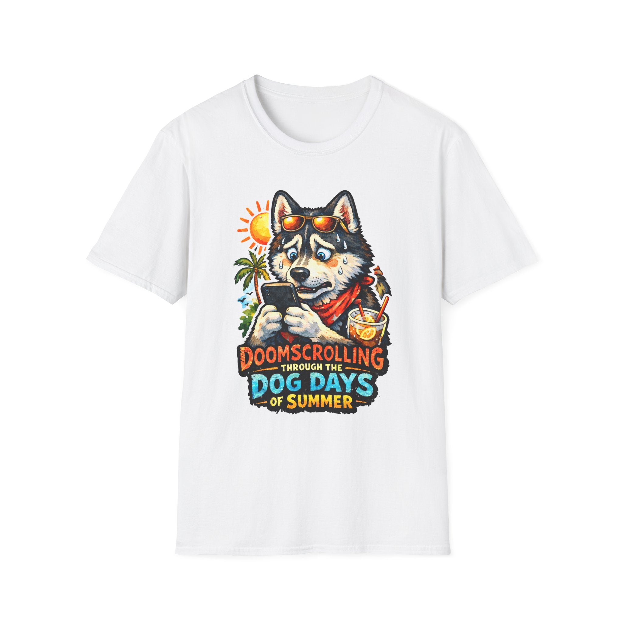 Doomscrolling Through the Dog Days of Summer Funny Husky T-Shirt | Tech Pack Collection by PetPulse