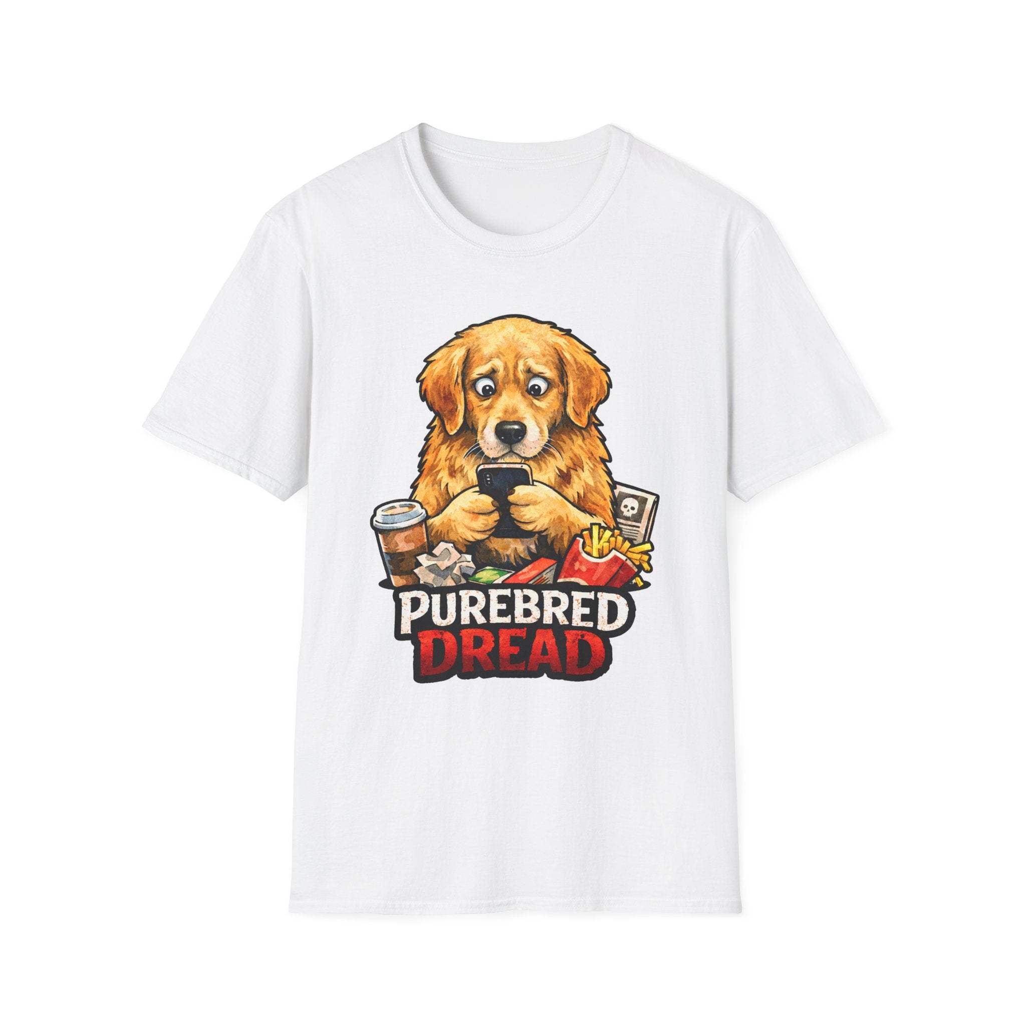 Purebred Dread Funny Golden Retriever Doomscrolling T-Shirt | Tech Pack Collection by PetPulse