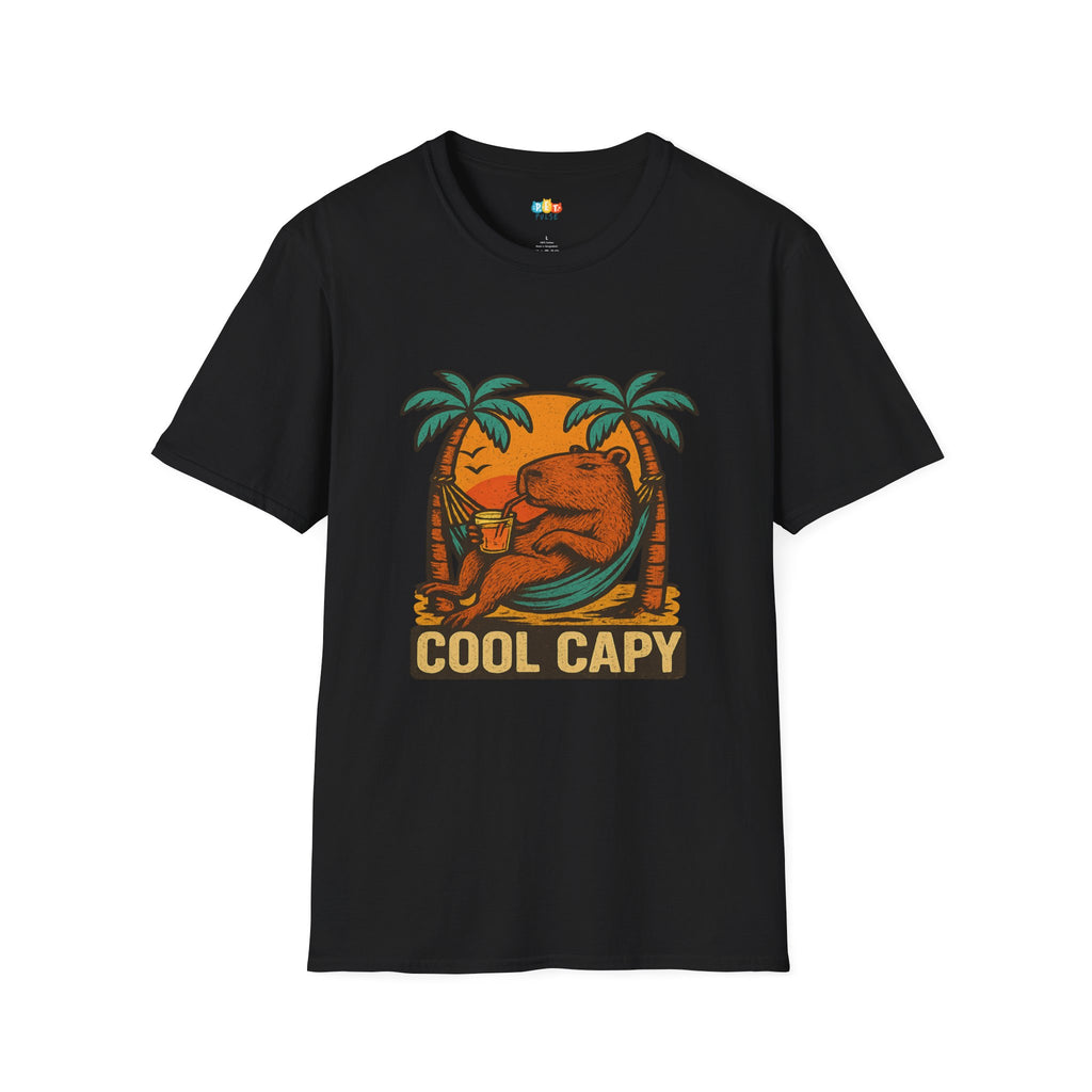Cool Capy Tropical Vacation Capybara T-Shirt - Funny Beach Hammock Drink Palm Trees Summer Vibes Tee