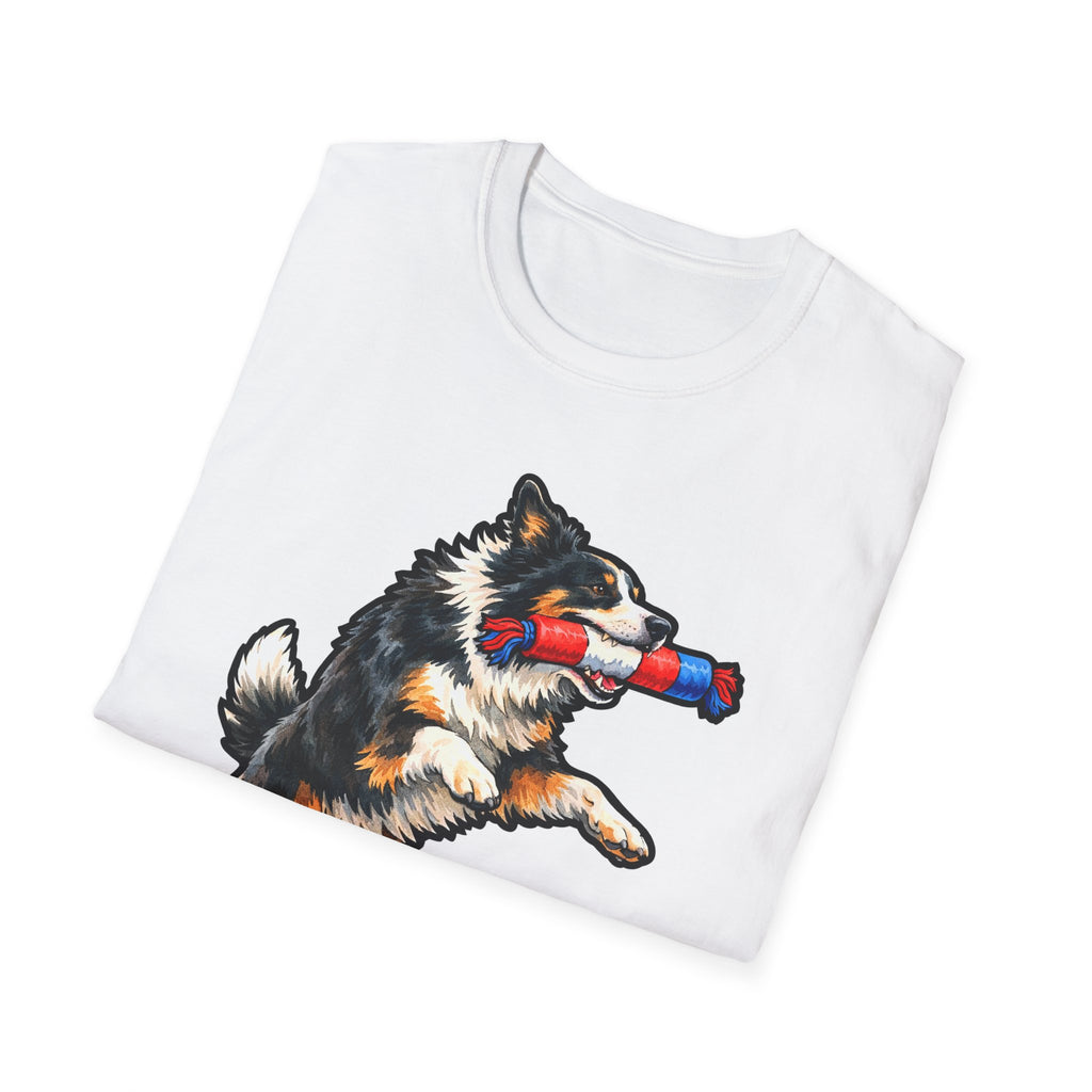 Fetching Freedom For All Patriotic Border Collie T-Shirt | Tri-Color Collie Firecracker Tug Toy Graphic Tee | Uncle Sam Pups