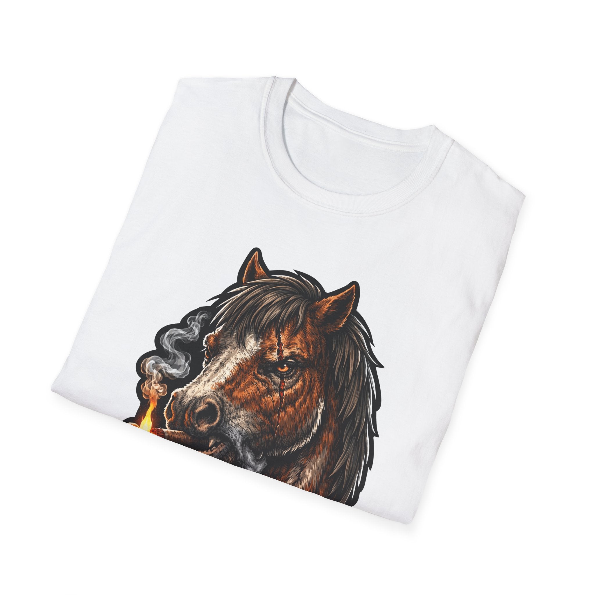 This Ain't My First Rodeo Action Hero Horse T-Shirt | Battle-Scarred Cigar Smoking Horse Graphic Tee | Mane Event Collection by PetPulse