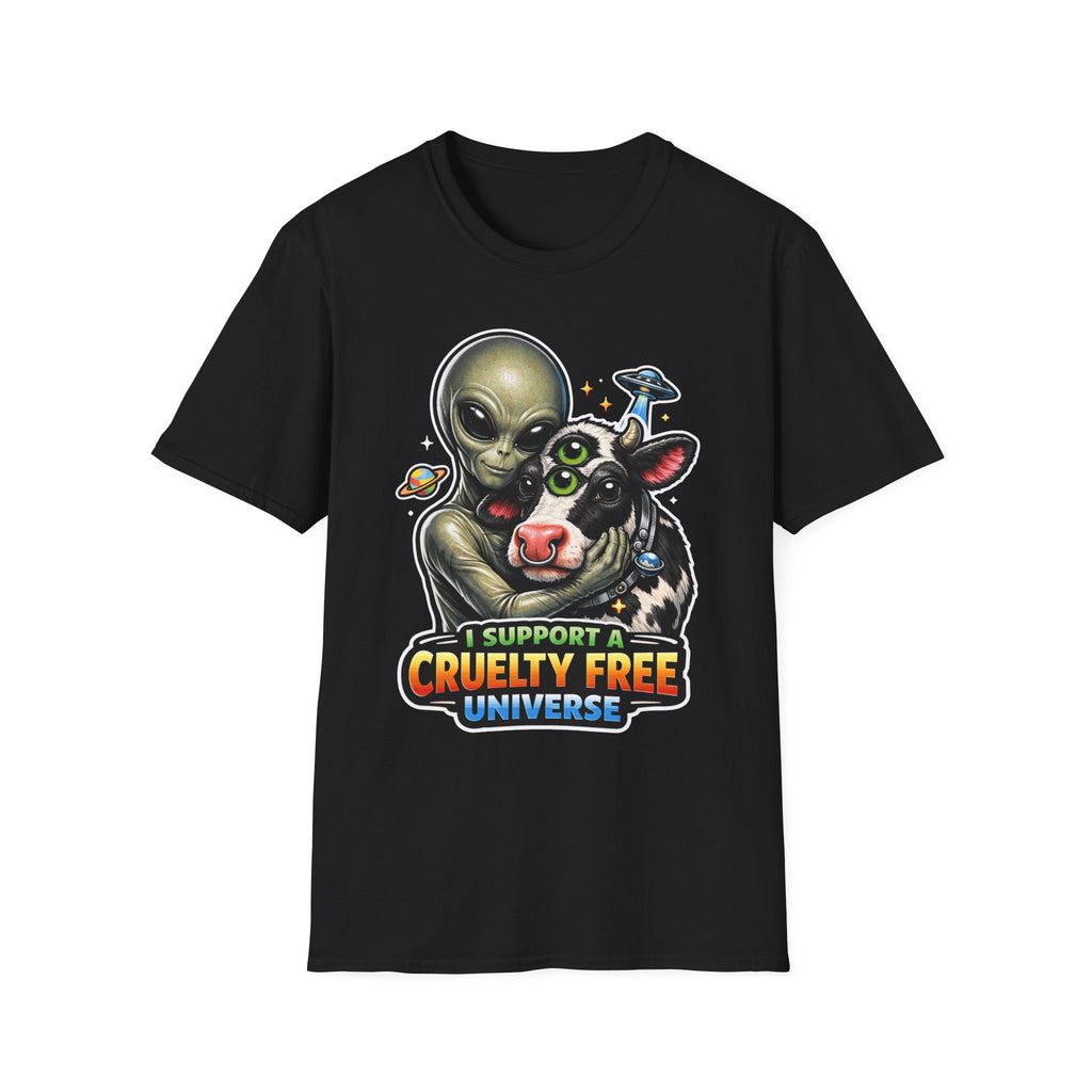 I Support a Cruelty Free Universe Funny Vegan Alien T-Shirt | Cosmic Encounters Collection by PetPulse