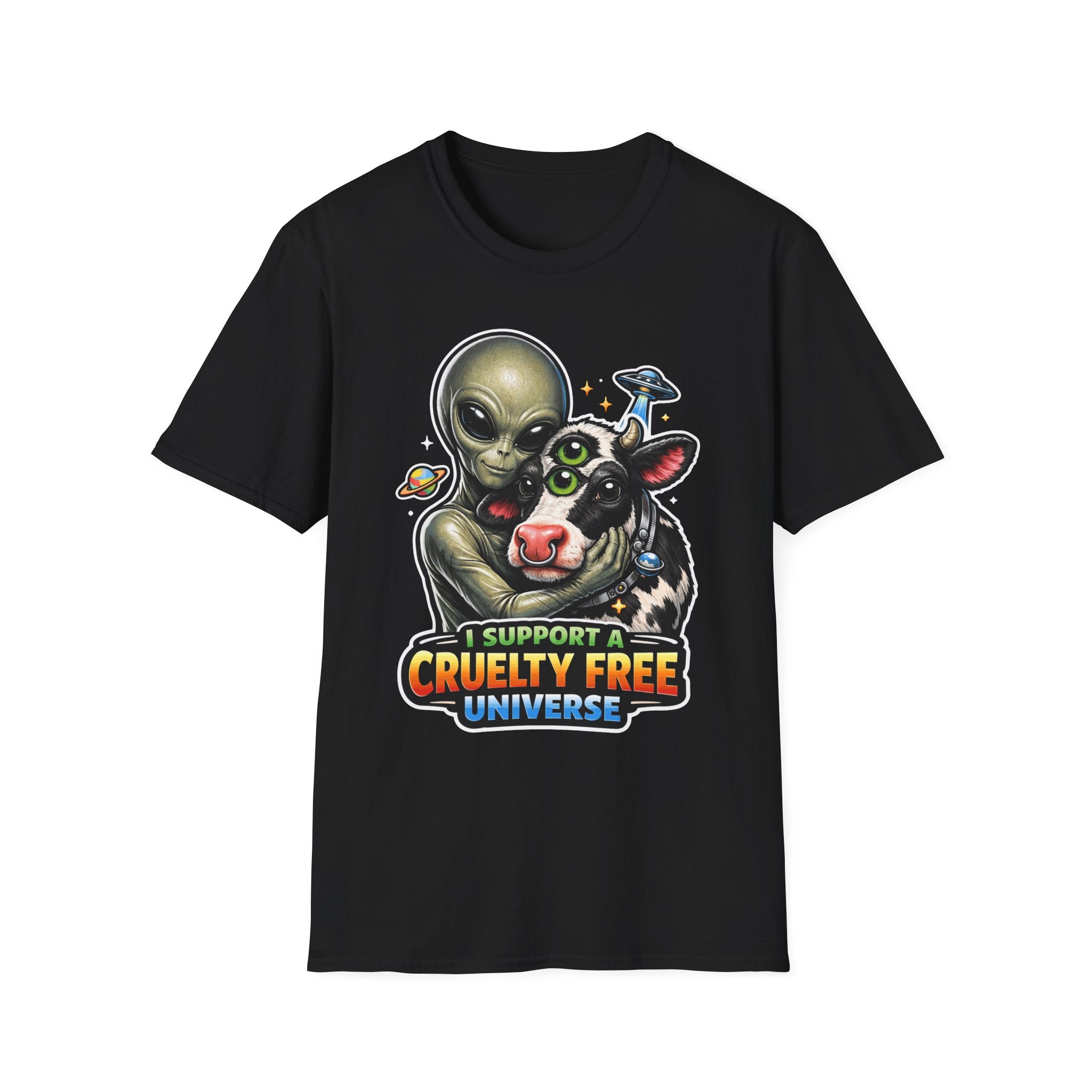 I Support a Cruelty Free Universe Funny Vegan Alien T-Shirt | Cosmic Encounters Collection by PetPulse