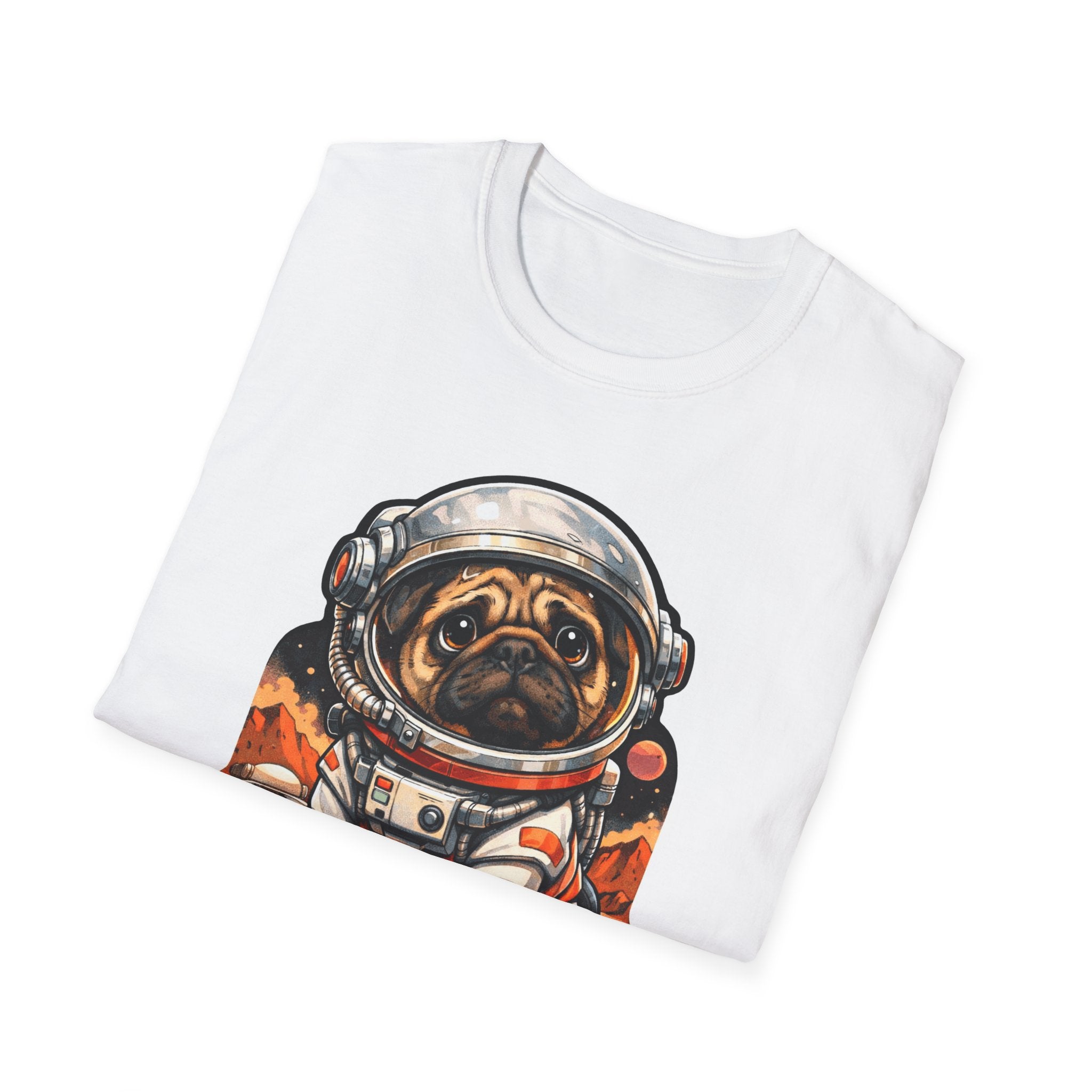 First Pug on Mars Funny Pug Astronaut T-Shirt | Cosmic Encounters Collection by PetPulse