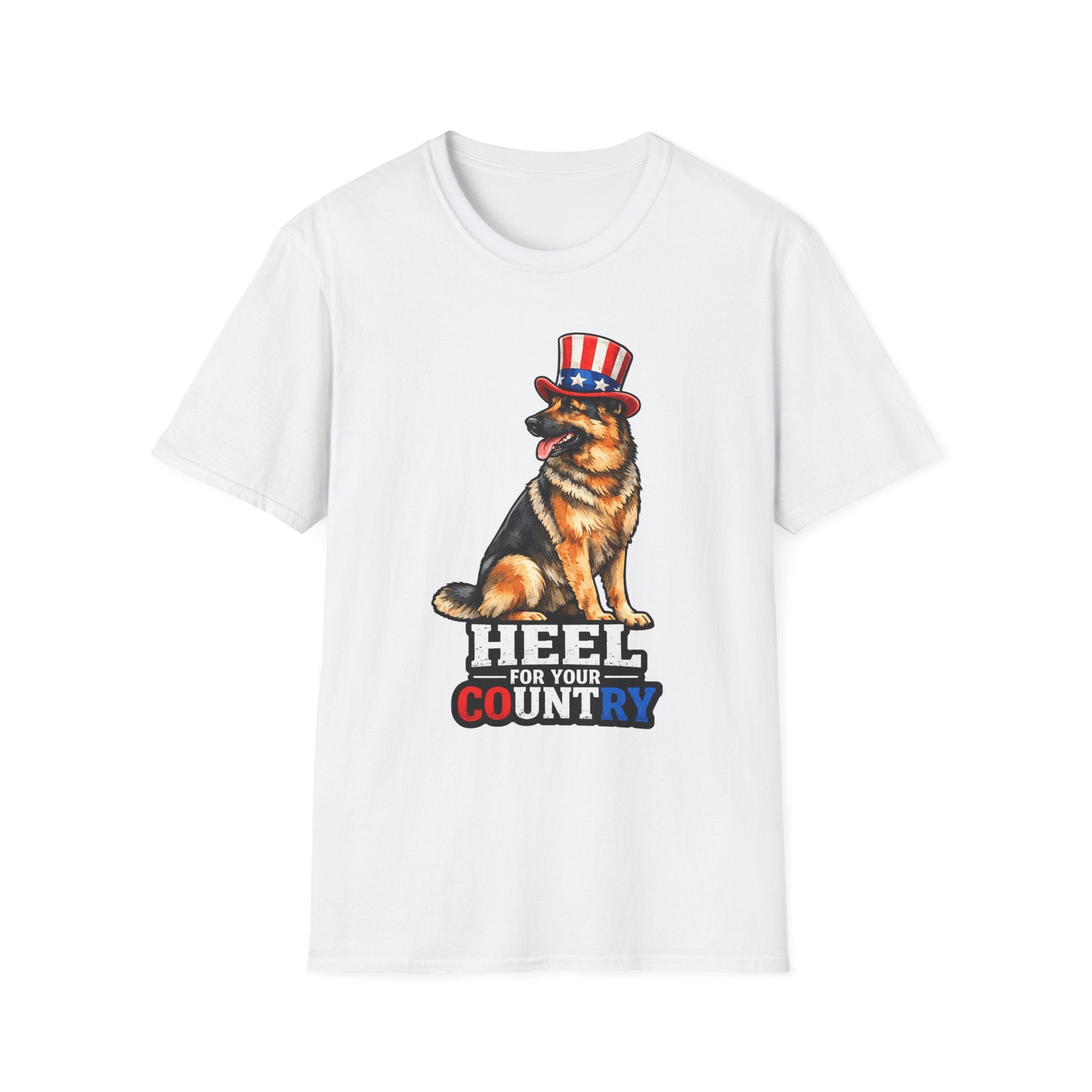 Heel For Your Country Funny Uncle Sam German Shepherd T-Shirt | Patriotic GSD Obedience Top Hat Graphic Tee | Uncle Sam Pups
