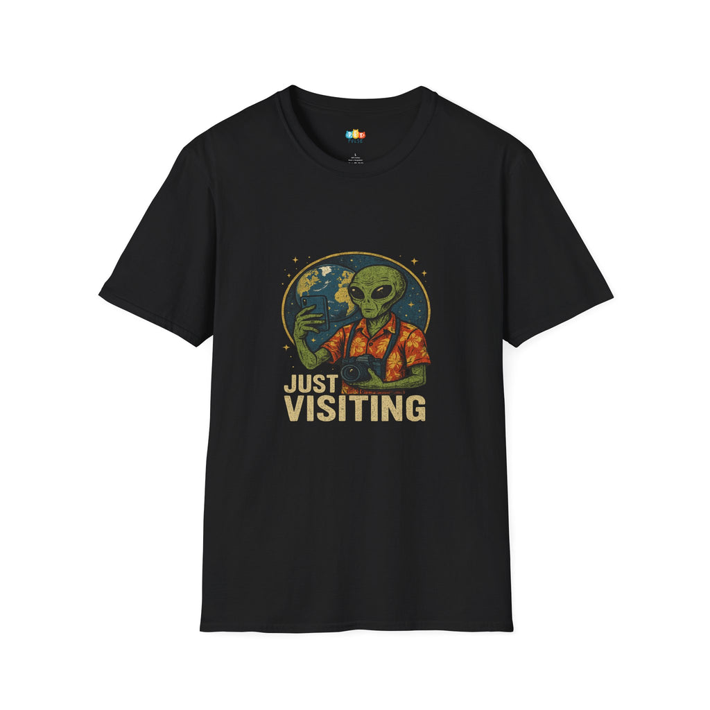 Just Visiting Alien Tourist T-Shirt - Funny UFO Earth Vacation Selfie Space Travel Extraterrestrial Humor Tee