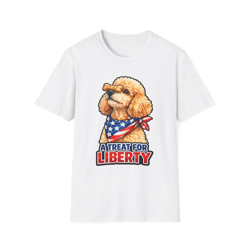 A Treat for Liberty Patriotic Poodle T-Shirt | Apricot Poodle Balancing Biscuit American Flag Bandana Graphic Tee | Uncle Sam Pups