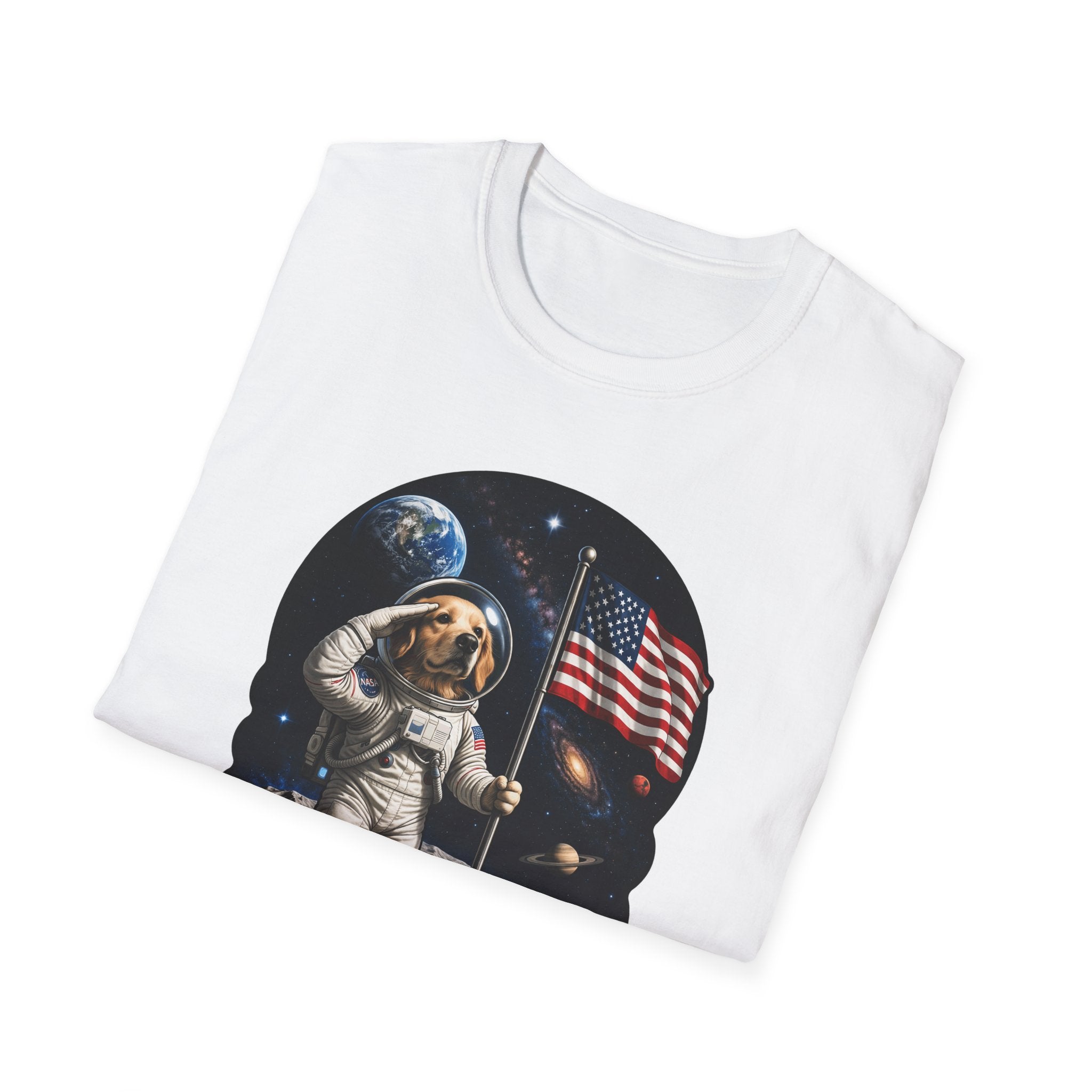 The Bark Side of the Moon Funny Astronaut Golden Retriever Flag T-Shirt | Cosmic Encounters Collection by PetPulse