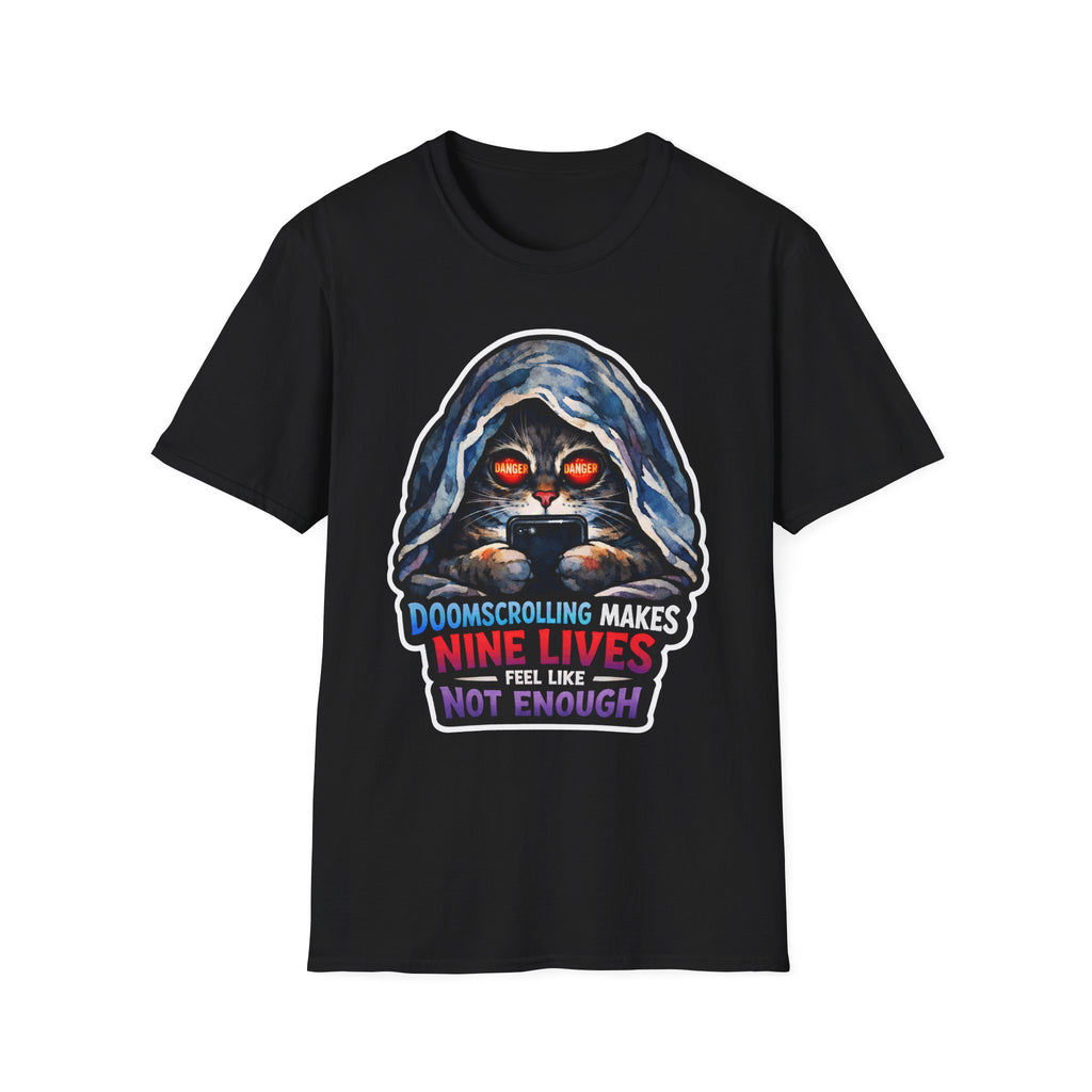 Doomscrolling Makes Nine Lives Feel Like Not Enough Funny Hooded Cat T-Shirt | Tech Pack Collection by PetPulse