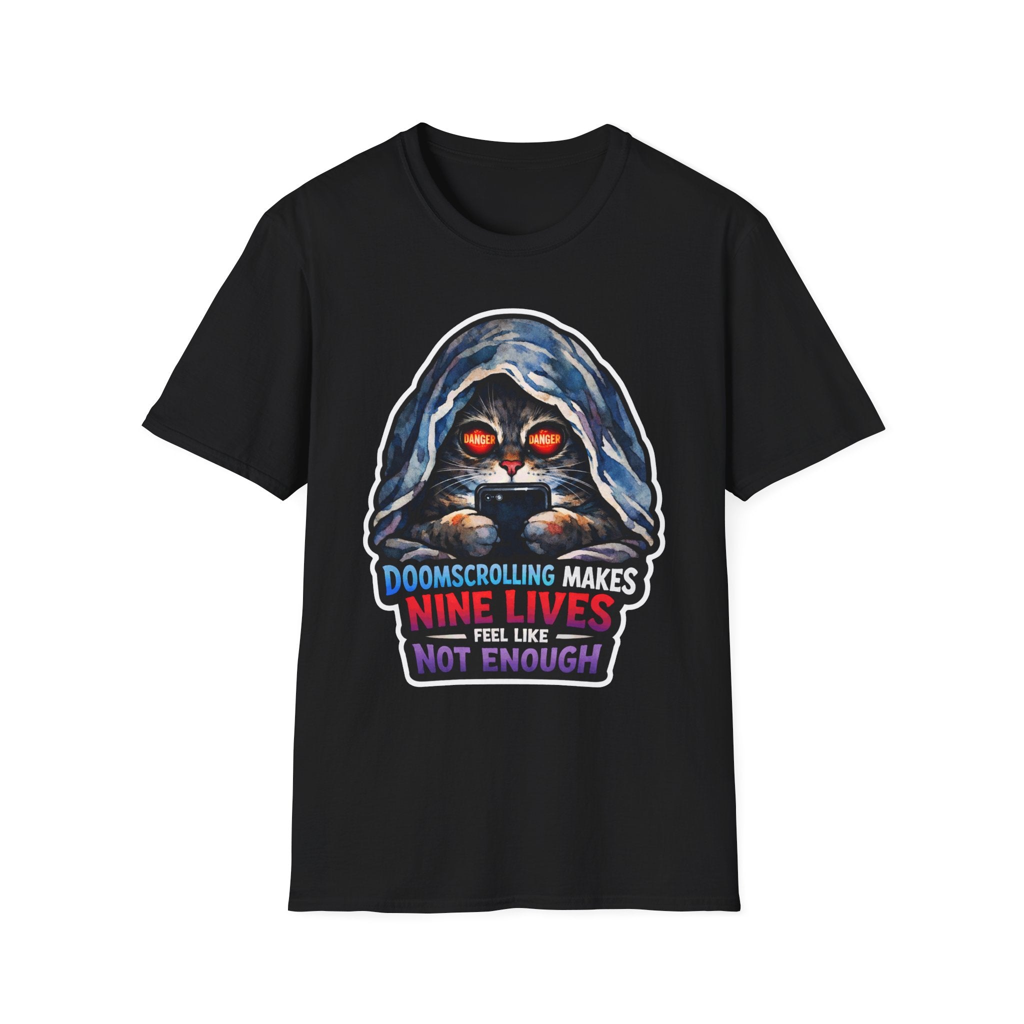 Doomscrolling Makes Nine Lives Feel Like Not Enough Funny Hooded Cat T-Shirt | Tech Pack Collection by PetPulse