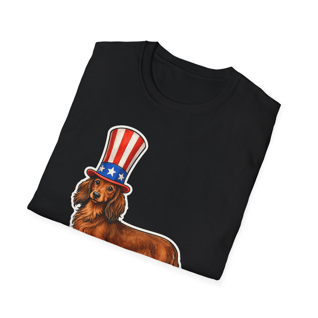 Doing My Pawtriotic Duty Funny Uncle Sam Long-Haired Dachshund T-Shirt | Patriotic Doxie in Top Hat Graphic Tee | Uncle Sam Pups