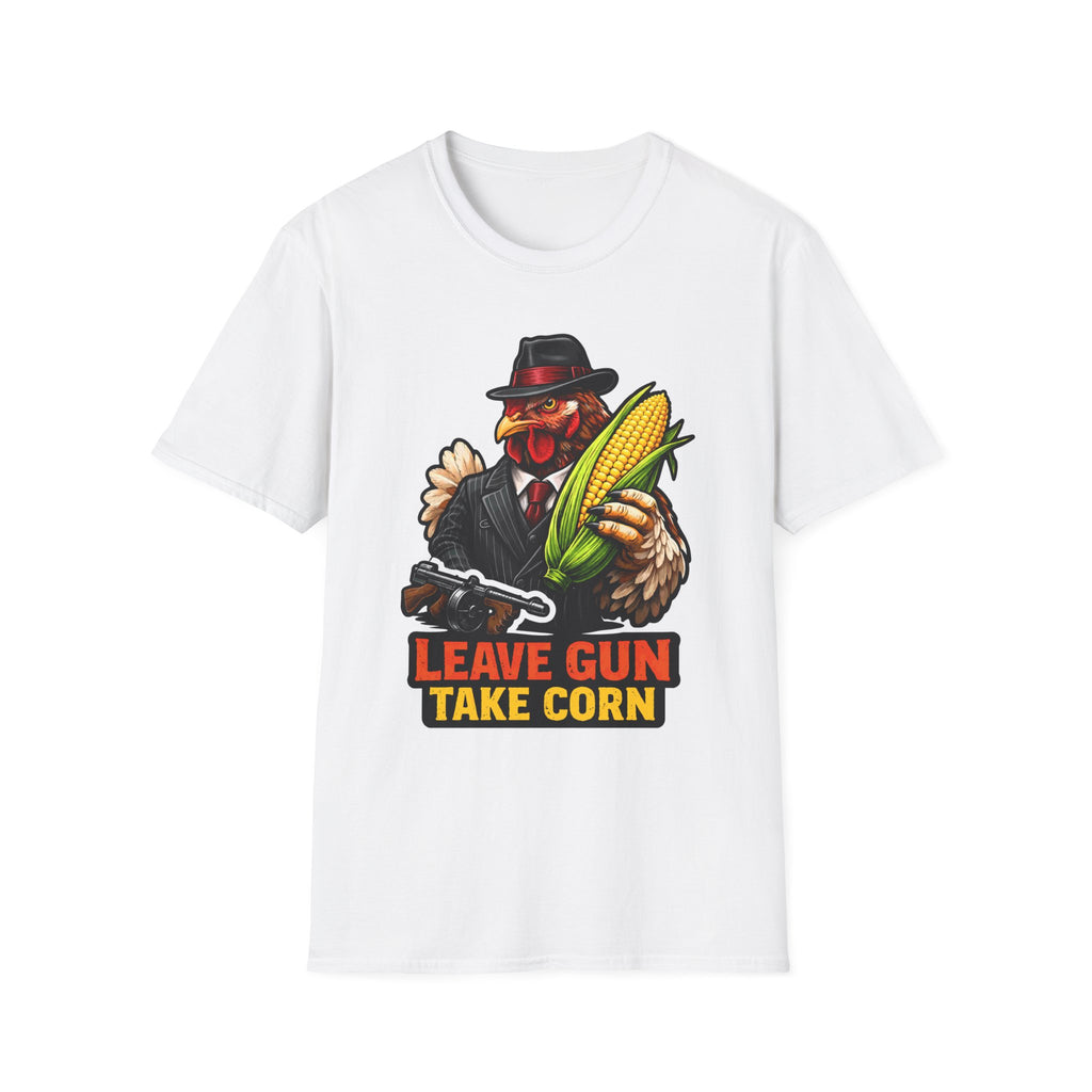 Leave Gun Take Corn Funny Mobster Chicken T-Shirt | Tommy Gun Rooster With Corn Graphic Tee for Chicken Owners | PetPulse