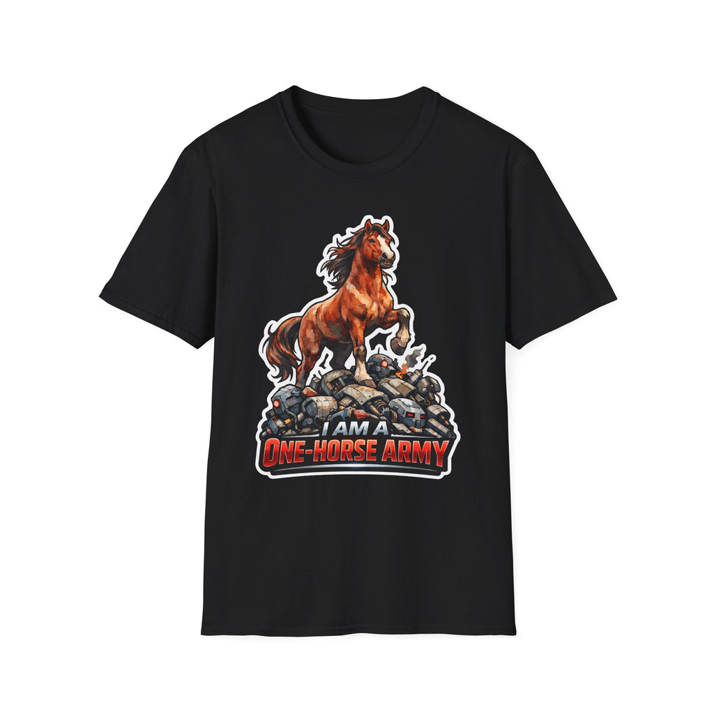 I Am a One-Horse Army Action Hero Horse T-Shirt | Robot Wreckage Victorious Horse Graphic Tee | Mane Event Collection by PetPulse