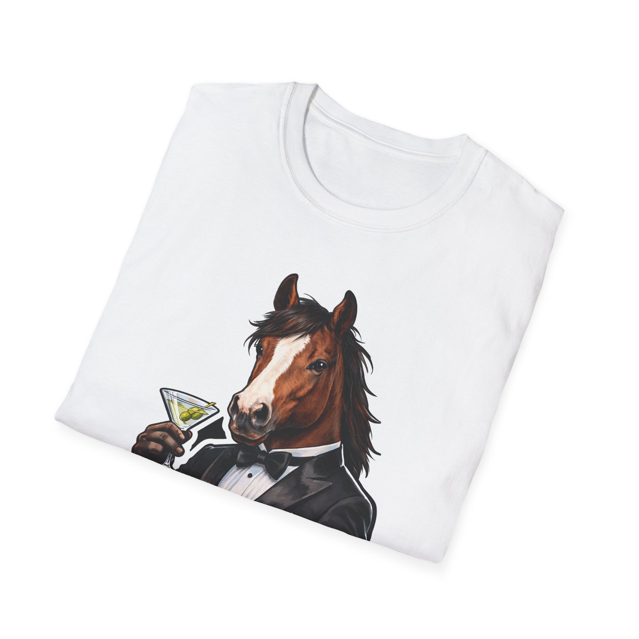 License to Trot Action Hero Horse T-Shirt | Tuxedo Martini Secret Agent Horse Graphic Tee | Mane Event Collection by PetPulse