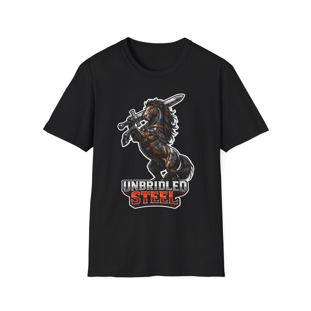 Unbridled Steel Action Hero Horse T-Shirt | Medieval Warrior Sword-Wielding Horse Graphic Tee | Mane Event Collection by PetPulse