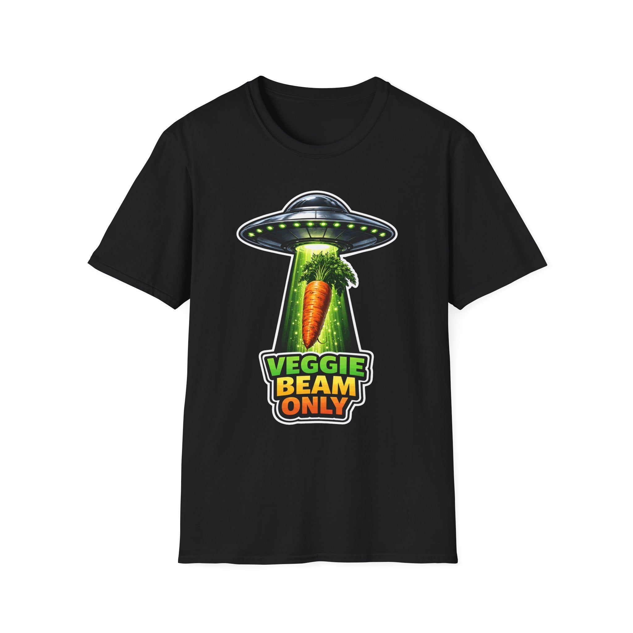 Veggie Beam Only Funny UFO Abducting Carrot T-Shirt | Cosmic Encounters Collection by PetPulse