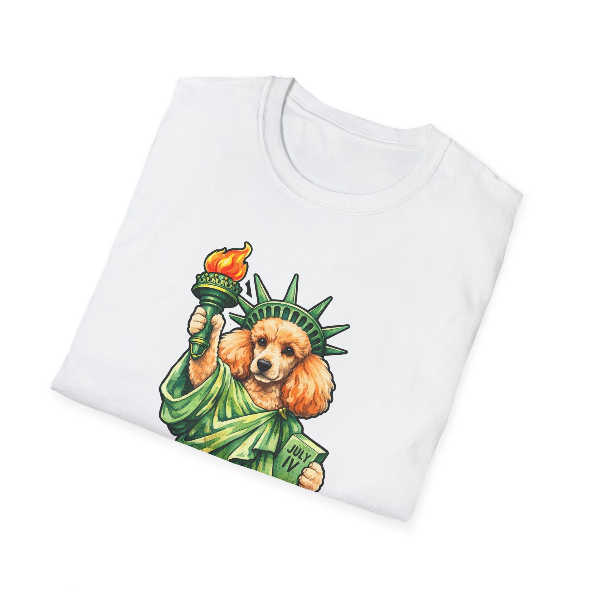 Paws for Patriotism Funny Apricot Poodle Statue of Liberty T-Shirt | Lady Liberty Pups Collection by PetPulse