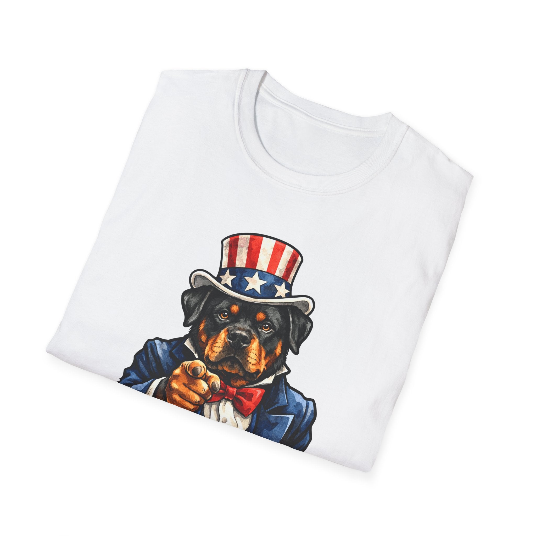 Lead The Pack Funny Uncle Sam Rottweiler T-Shirt | Patriotic Rottie in Top Hat and Suit Graphic Tee | Uncle Sam Pups