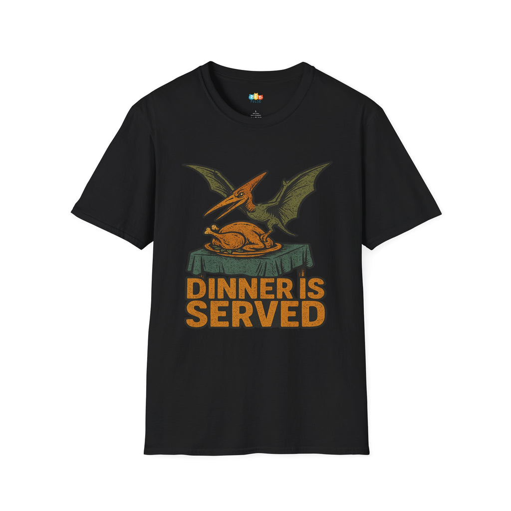 Dinner Is Served Pterodactyl Thanksgiving T-Shirt - Funny Flying Dinosaur Turkey Day Prehistoric Holiday Feast Tee