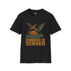 Dinner Is Served Pterodactyl Thanksgiving T-Shirt - Funny Flying Dinosaur Turkey Day Prehistoric Holiday Feast Tee