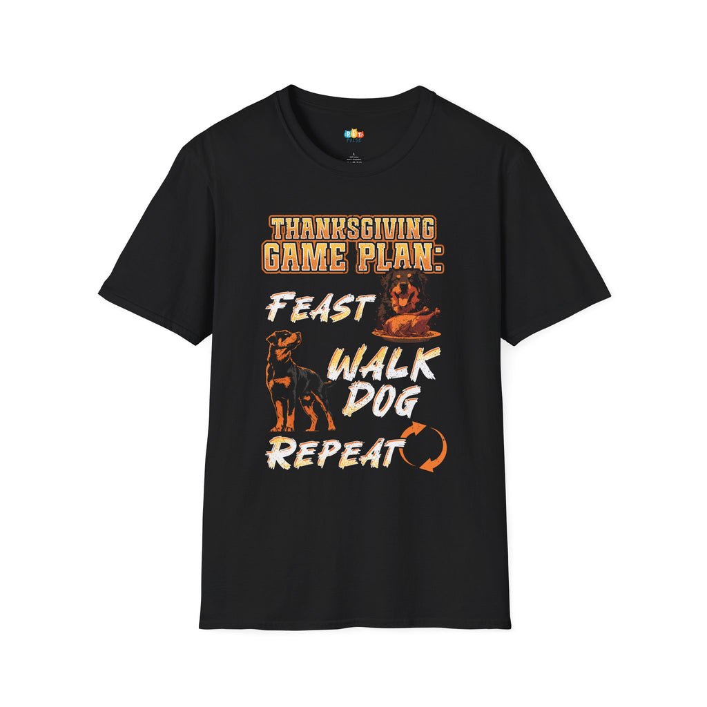 Thanksgiving Game Plan Feast Walk Dog Repeat T-Shirt - Funny Pet Owner Holiday Turkey Day Routine Graphic Tee