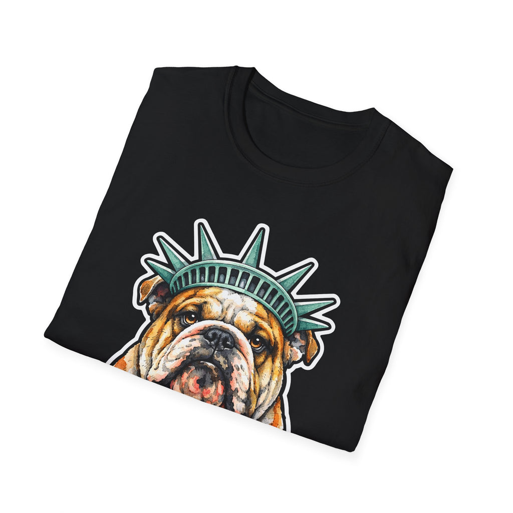 Stubborn for Sovereignty Funny English Bulldog Statue of Liberty T-Shirt | Lady Liberty Pups Collection by PetPulse