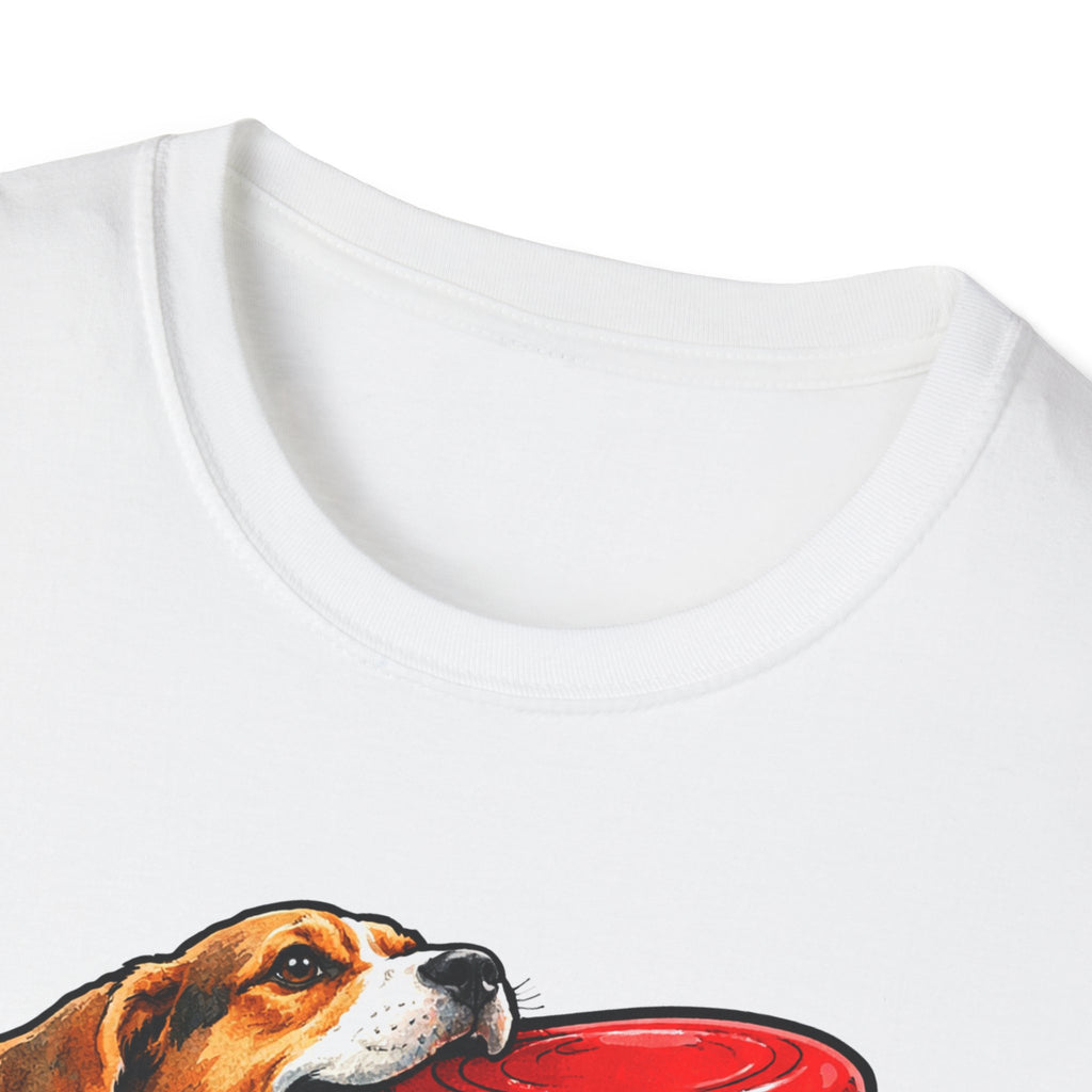Patriotism Unleashed Funny Beagle Frisbee T-Shirt | Patriotic Beagle Catching Red Disc Graphic Tee | Uncle Sam Pups
