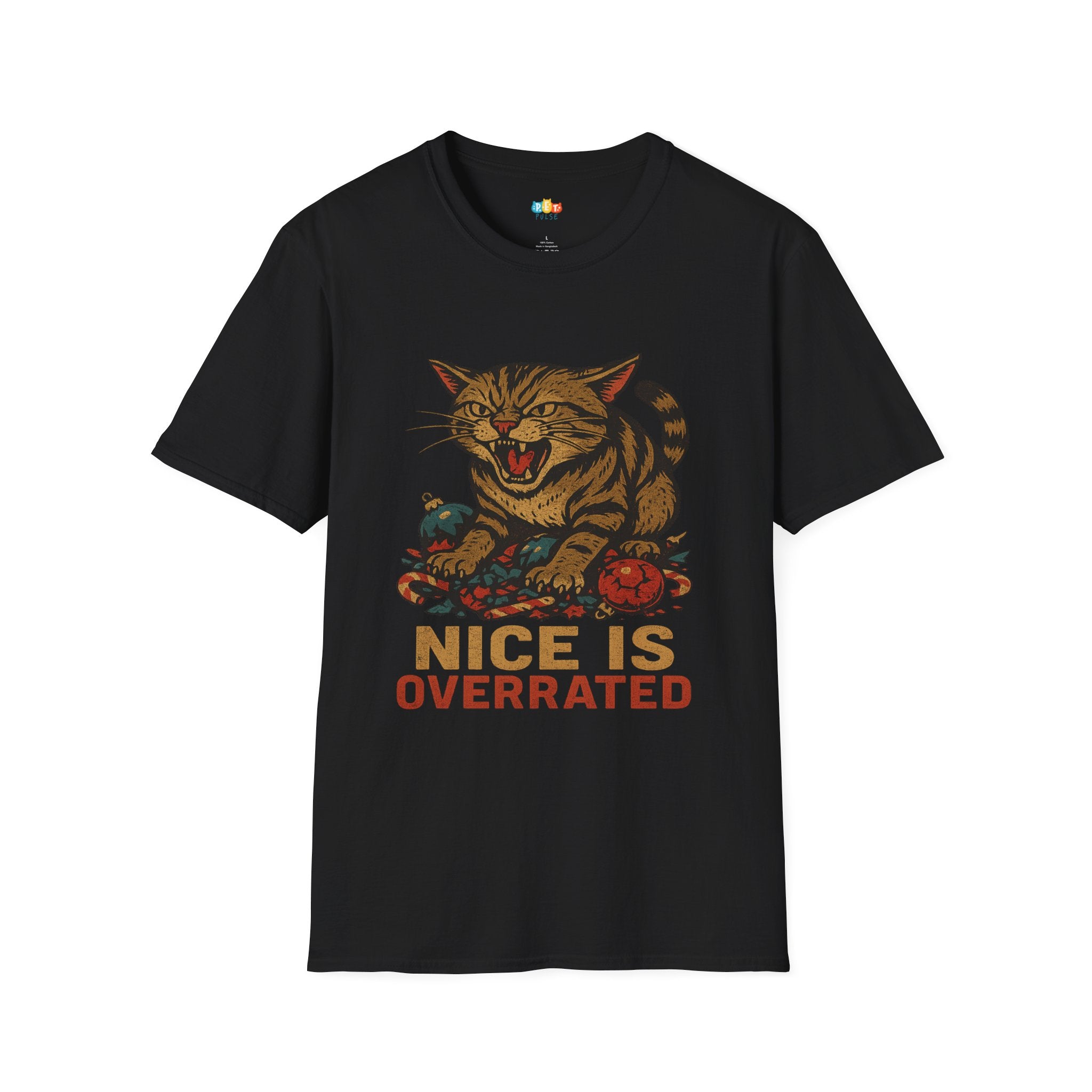 Nice Is Overrated Christmas T-Shirt - Funny Feral Cat Ornament Destroyer Naughty List Vintage Xmas Tee