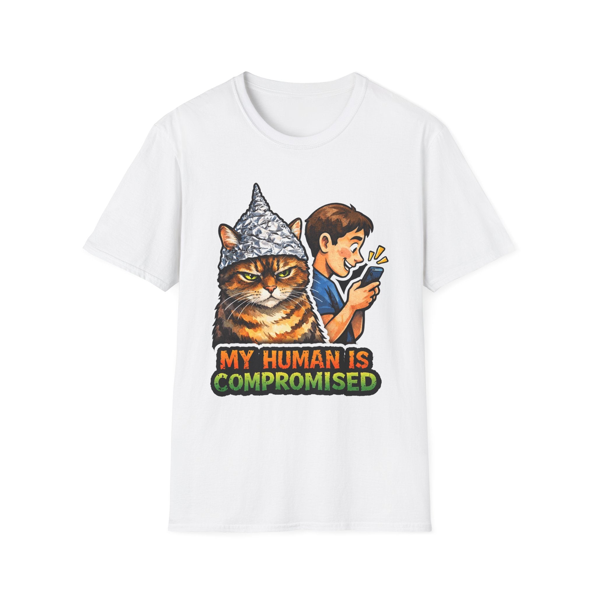 My Human Is Compromised Funny Conspiracy Cat T-Shirt | Cat-Spiracy Theorist Series | Pet-Spiracy Theorist Collection by PetPulse