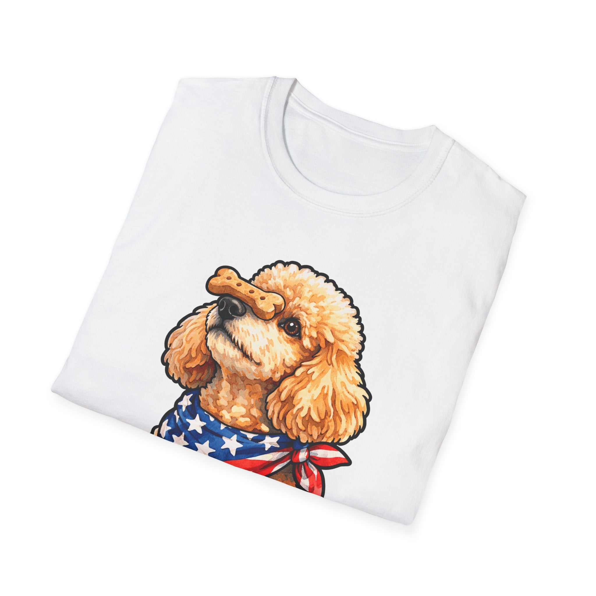 A Treat for Liberty Patriotic Poodle T-Shirt | Apricot Poodle Balancing Biscuit American Flag Bandana Graphic Tee | Uncle Sam Pups