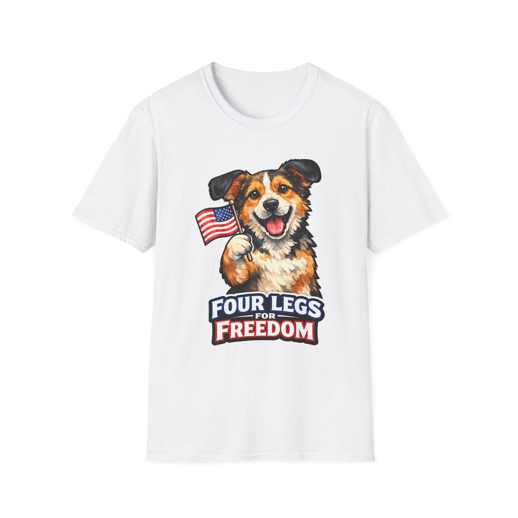 Four Legs For Freedom Patriotic Mixed Breed Dog T-Shirt | Rescue Mutt Waving American Flag Graphic Tee | Uncle Sam Pups