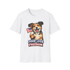 Four Legs For Freedom Patriotic Mixed Breed Dog T-Shirt | Rescue Mutt Waving American Flag Graphic Tee | Uncle Sam Pups