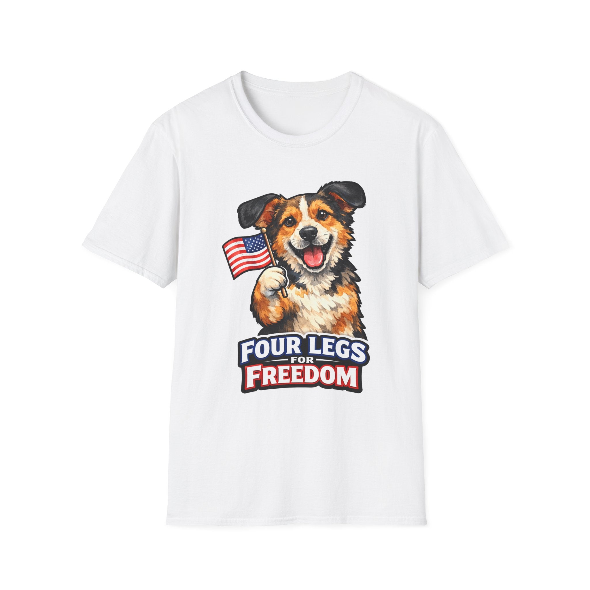 Four Legs For Freedom Patriotic Mixed Breed Dog T-Shirt | Rescue Mutt Waving American Flag Graphic Tee | Uncle Sam Pups