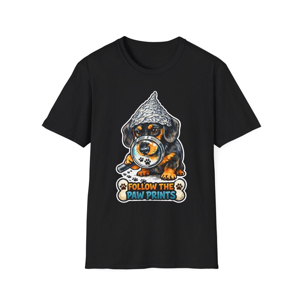 Follow the Paw Prints Funny Conspiracy Dachshund T-Shirt | Pet-Spiracy Theorist Collection by PetPulse
