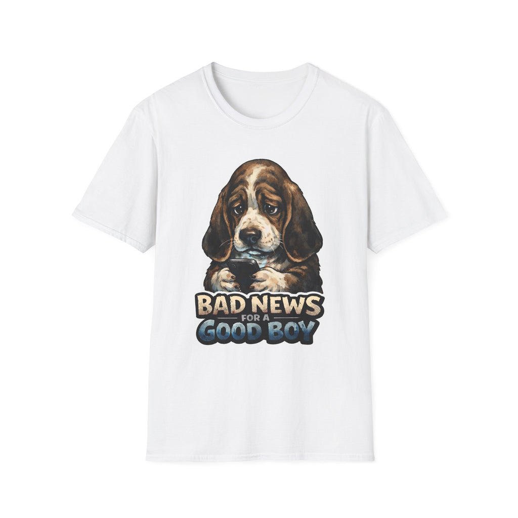 Bad News For a Good Boy Funny Basset Hound Doomscrolling T-Shirt | Tech Pack Collection by PetPulse