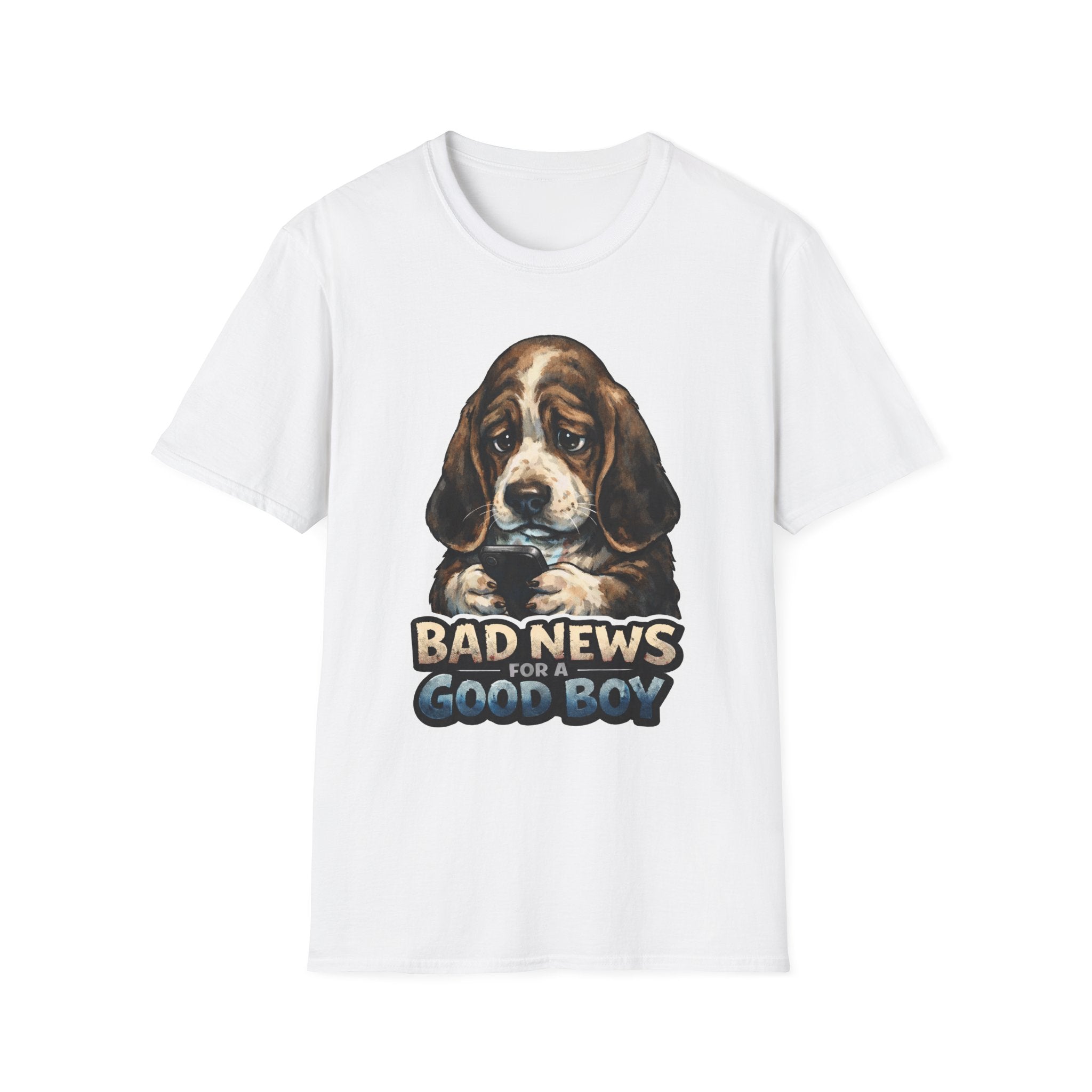 Bad News For a Good Boy Funny Basset Hound Doomscrolling T-Shirt | Tech Pack Collection by PetPulse
