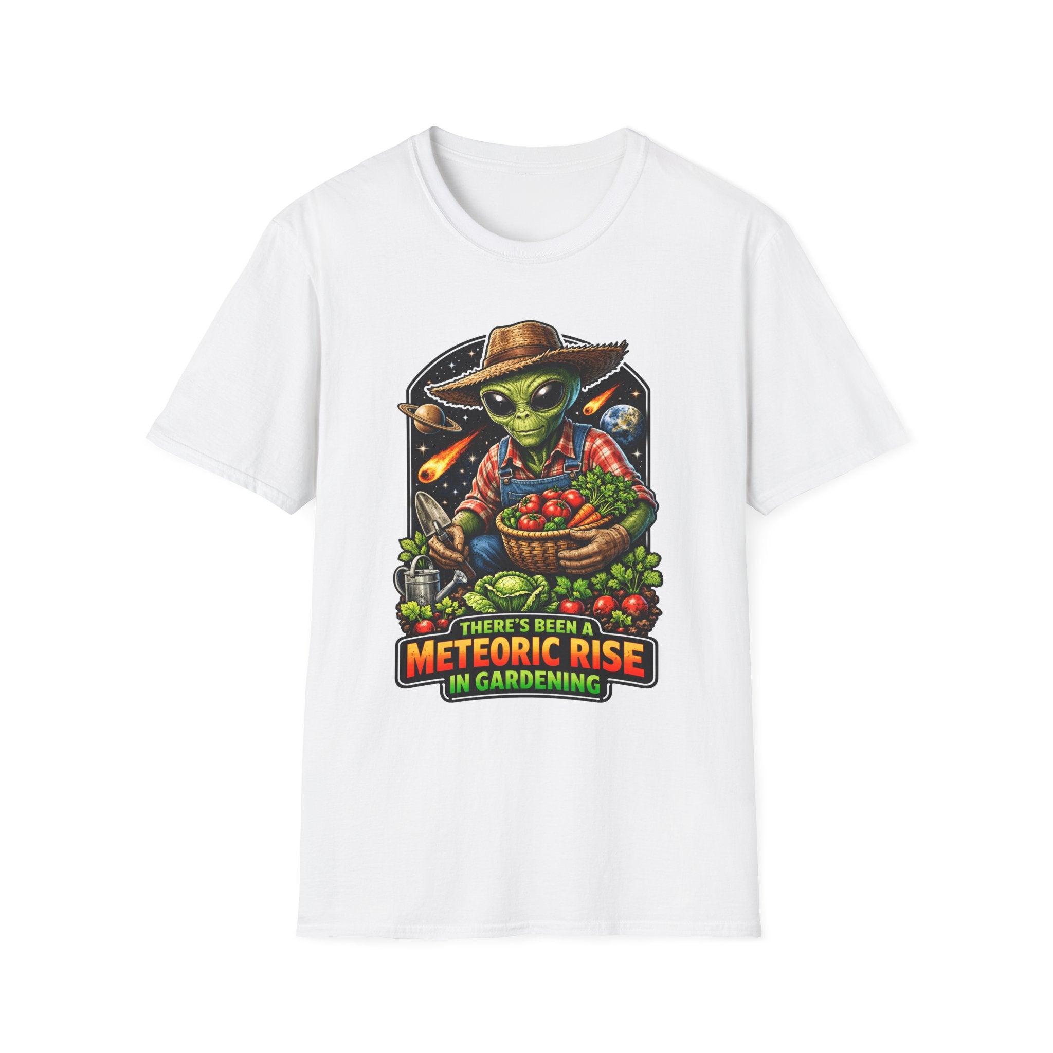 There's Been a Meteoric Rise in Gardening Funny Alien Farmer T-Shirt | Cosmic Encounters Collection by PetPulse