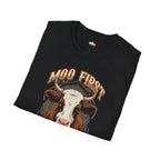 Moo First Questions Later T-Shirt - Funny Cow Farm Life Rural Country Living Cattle Farmer Graphic Tee