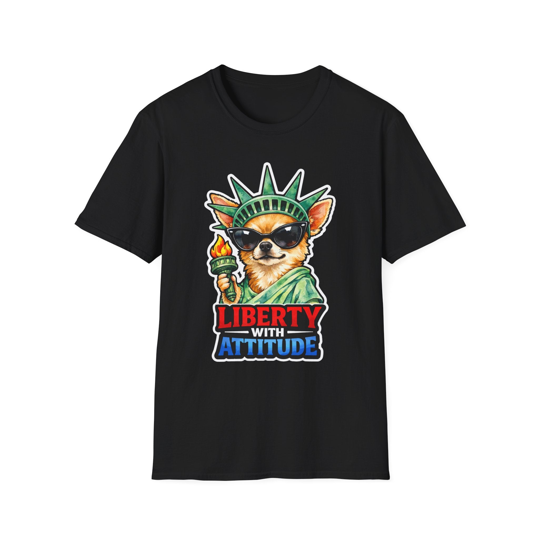 Liberty With Attitude Funny Chihuahua Sunglasses Statue of Liberty T-Shirt | Lady Liberty Pups Collection by PetPulse