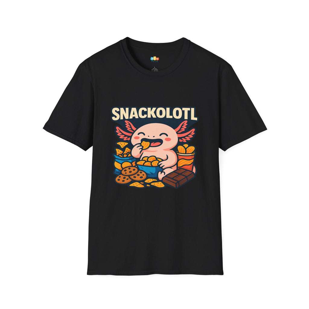 Snackolotl Snacking Axolotl T-Shirt - Funny Food Lover Snack Attack Chips Cookies Chocolate Tee