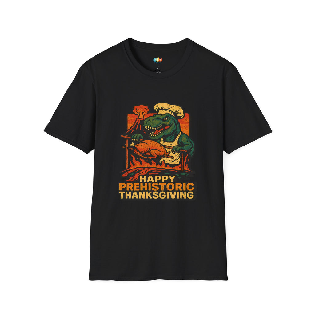 Happy Prehistoric Thanksgiving T-Rex Chef T-Shirt - Funny Dinosaur Turkey Day Cooking Holiday Kitchen Volcano Tee